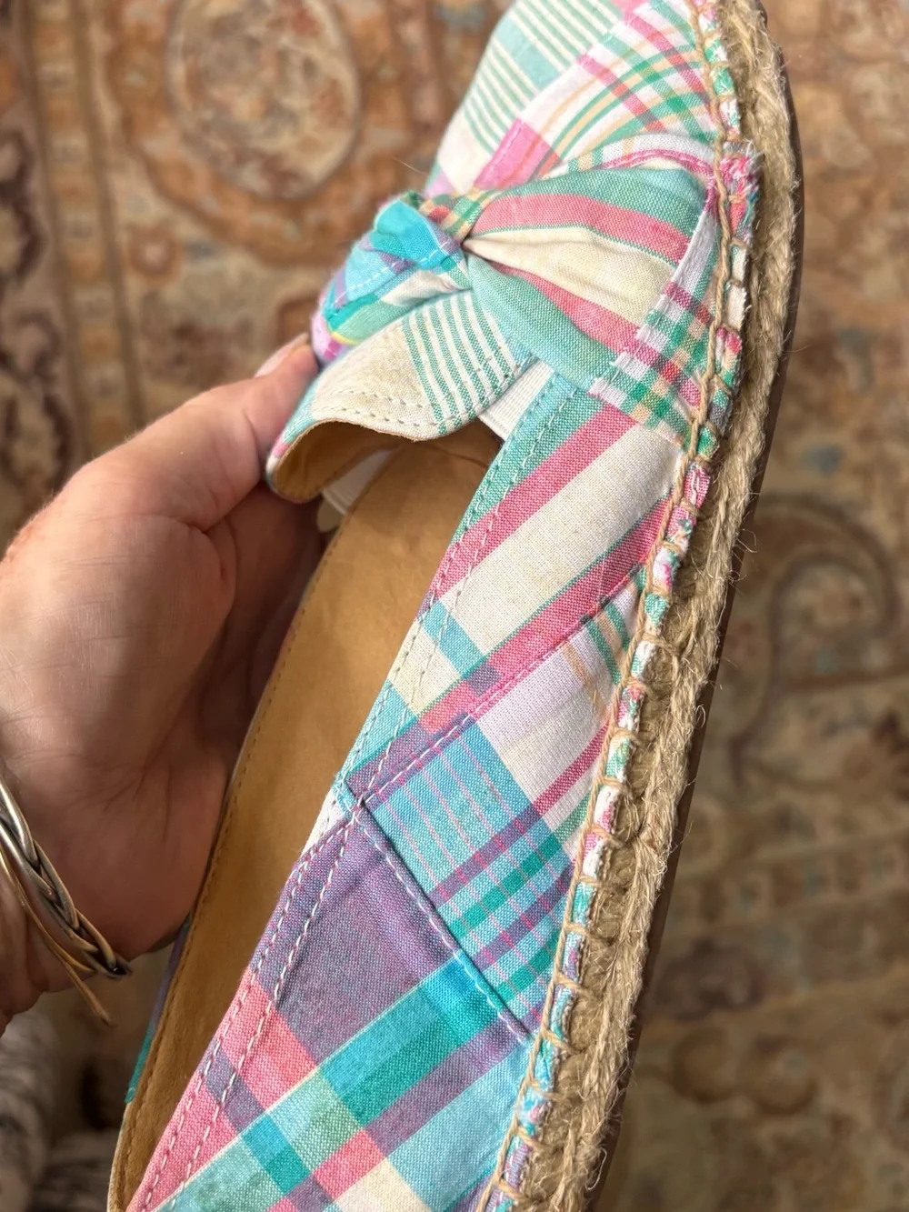 Talbots Pastel Plaid Knot-Top Espadrilles in Pink and Teal